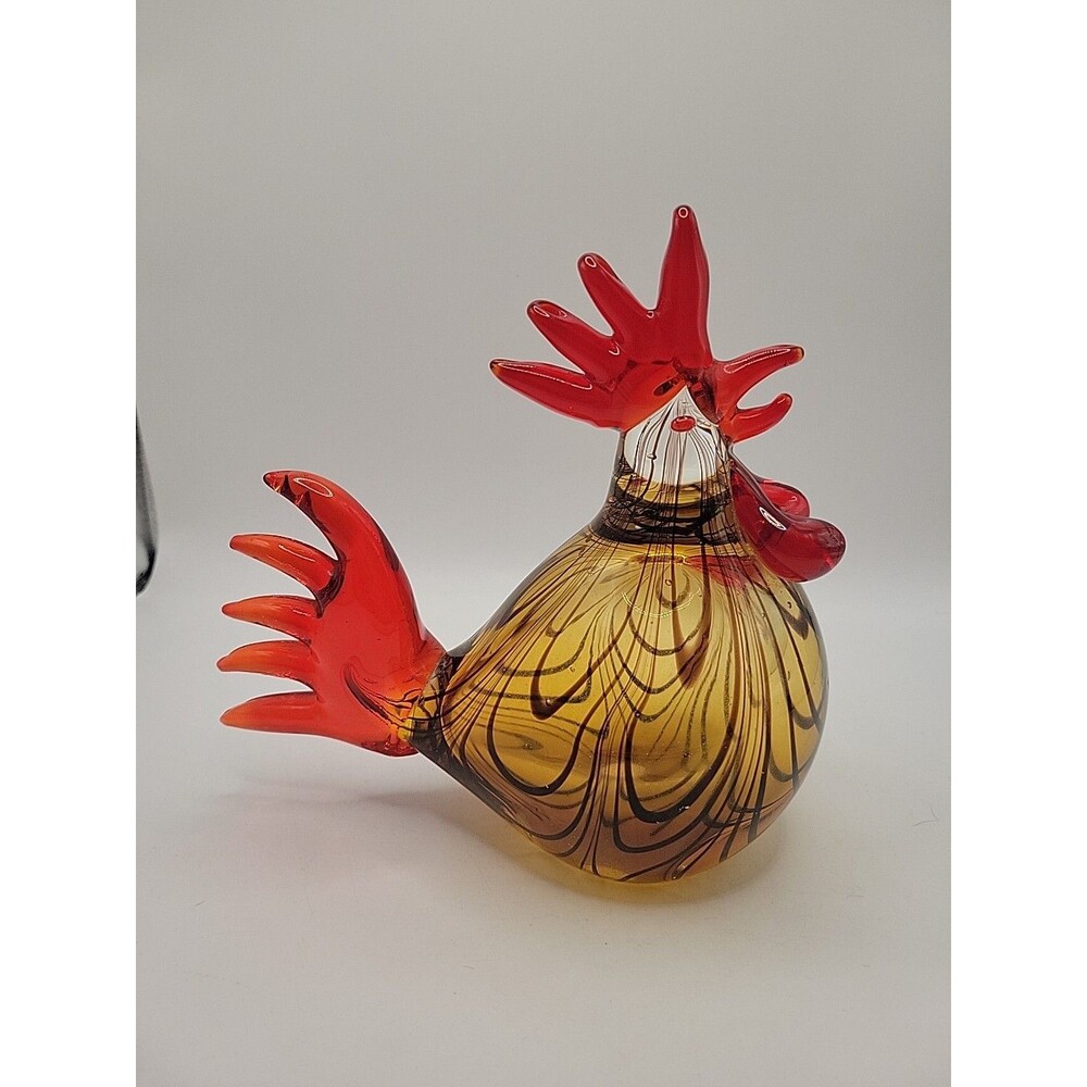 Vintage Murano Blown Art Glass Rooster Brown Amber Red Swirl Chicken 7"